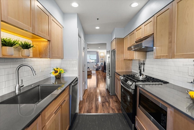 kitchen with stainless steel appliances, dark hardwood / wood-style floors, sink, and backsplash