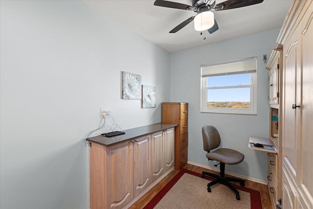 office area with ceiling fan and hardwood / wood-style floors