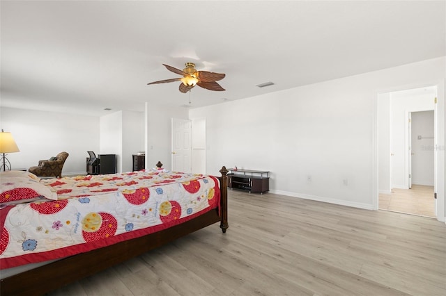 bedroom with ceiling fan and light wood-type flooring