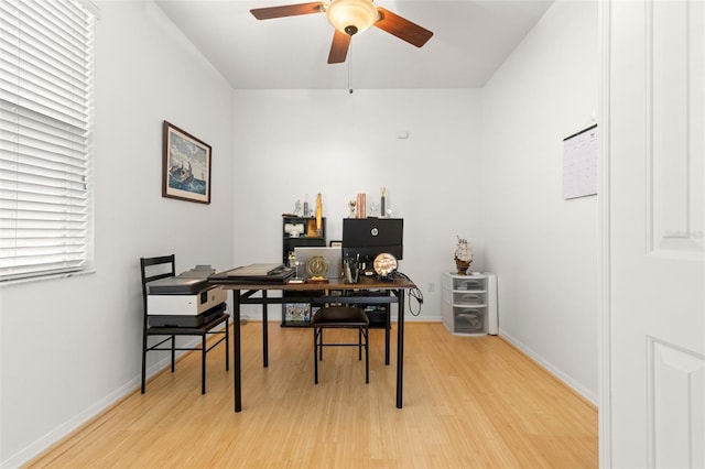 home office with ceiling fan and light wood-type flooring