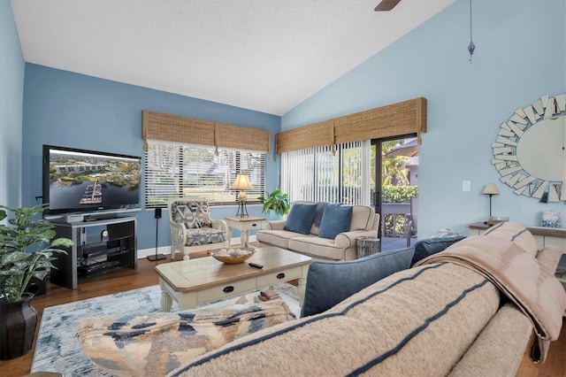 living room featuring dark wood-type flooring, high vaulted ceiling, and a textured ceiling