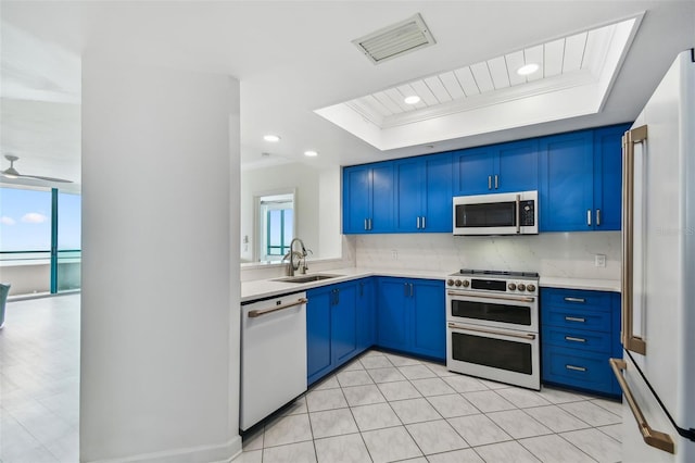 kitchen with blue cabinetry, sink, premium appliances, a raised ceiling, and backsplash