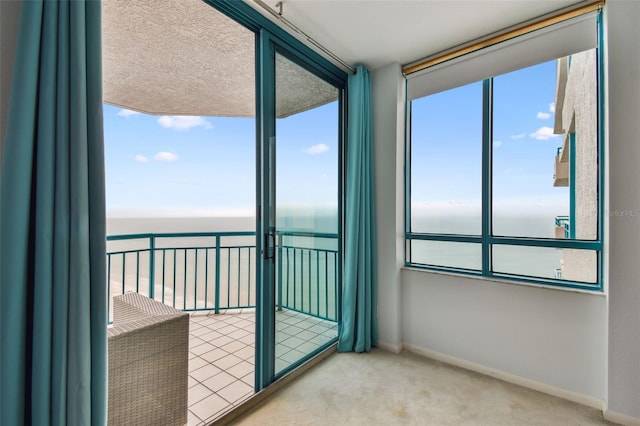 empty room with light carpet and a water view