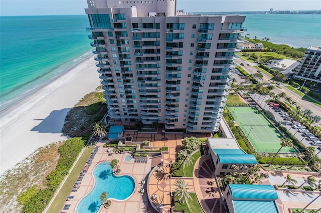 aerial view with a beach view and a water view