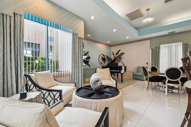 tiled living room featuring ornamental molding