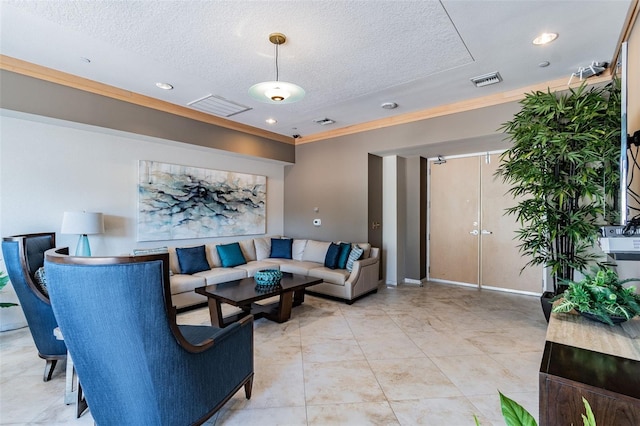 tiled living room featuring crown molding and a textured ceiling