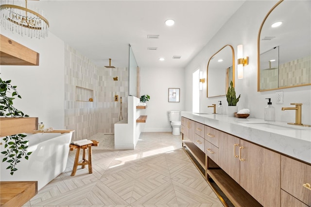 full bathroom featuring toilet, vanity, and plus walk in shower