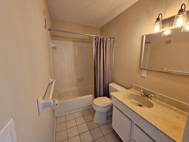 full bathroom featuring shower / bathtub combination with curtain, tile patterned flooring, vanity, a textured ceiling, and toilet