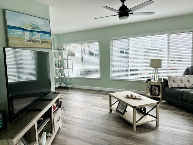 living room with hardwood / wood-style floors and ceiling fan