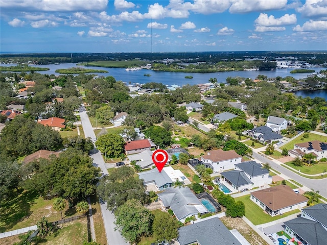 aerial view featuring a water view