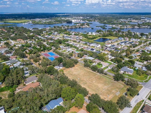 drone / aerial view with a water view