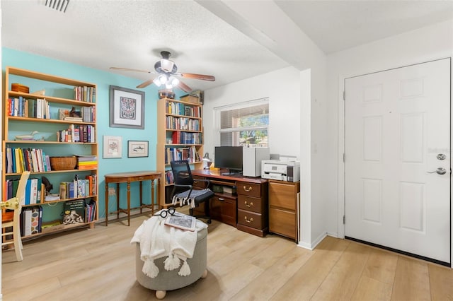 office with ceiling fan, a textured ceiling, and light wood-type flooring