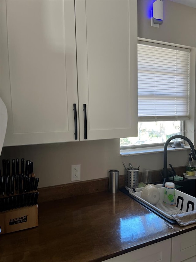 interior details featuring sink and white cabinets