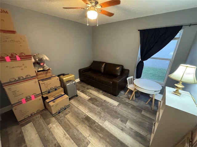 interior space featuring ceiling fan, wood-type flooring, and a textured ceiling