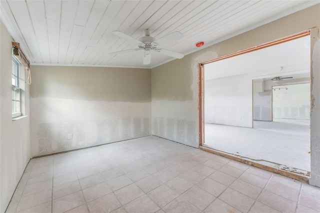 spare room with ceiling fan and wood ceiling