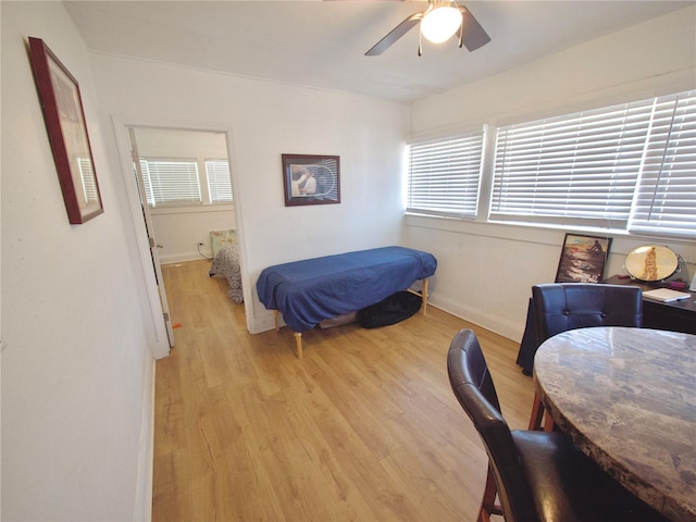 bedroom with multiple windows, ceiling fan, and light hardwood / wood-style flooring