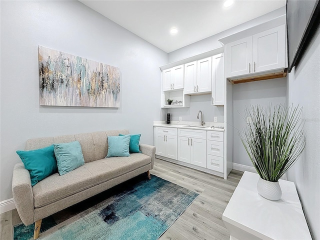 living room with light hardwood / wood-style floors and sink