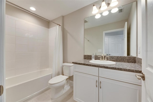 full bathroom featuring shower / tub combo with curtain, vanity, toilet, and tile patterned flooring