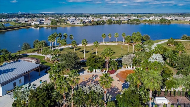 birds eye view of property featuring a water view