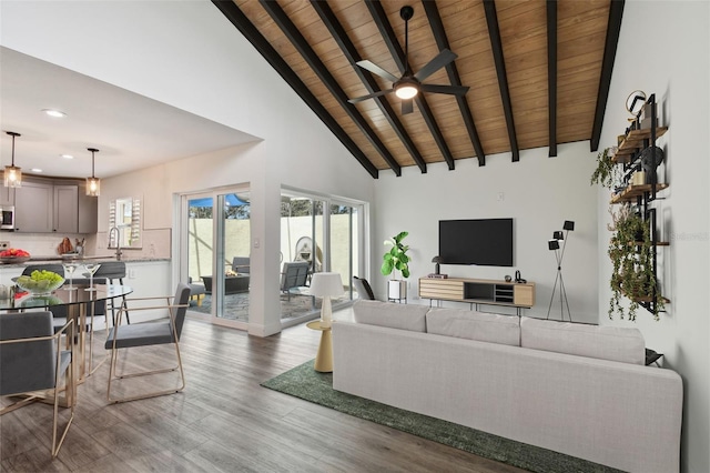 living area with beam ceiling, wood ceiling, ceiling fan, wood finished floors, and high vaulted ceiling