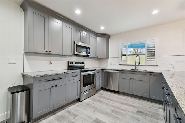 kitchen featuring light stone counters, stainless steel appliances, a sink, gray cabinets, and backsplash