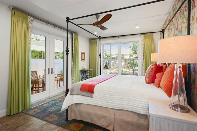 bedroom featuring french doors, ceiling fan, hardwood / wood-style floors, and access to outside