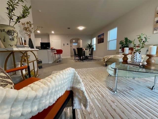 living room featuring baseboards and arched walkways