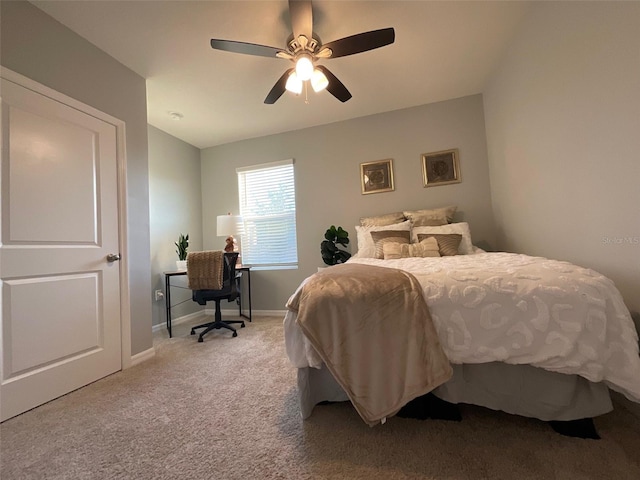 bedroom featuring carpet flooring, ceiling fan, and baseboards