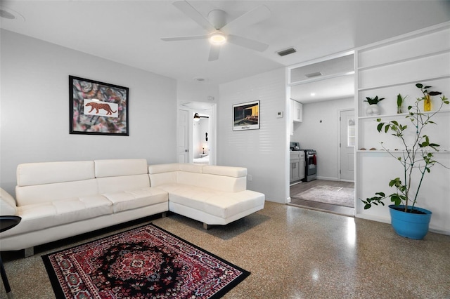 living room featuring ceiling fan