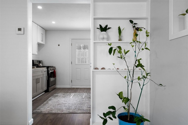 kitchen with stainless steel gas range oven and dark wood-type flooring