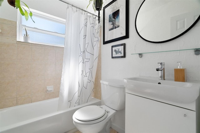 full bathroom with vanity, shower / bathtub combination with curtain, and toilet