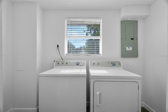 laundry room featuring electric panel and washer and clothes dryer