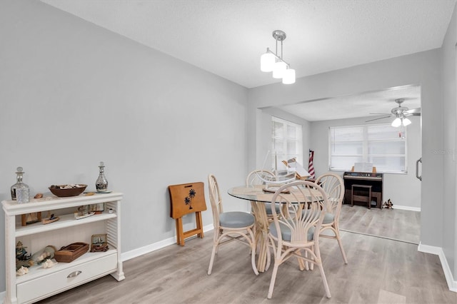 dining area featuring ceiling fan, light hardwood / wood-style floors, and a textured ceiling