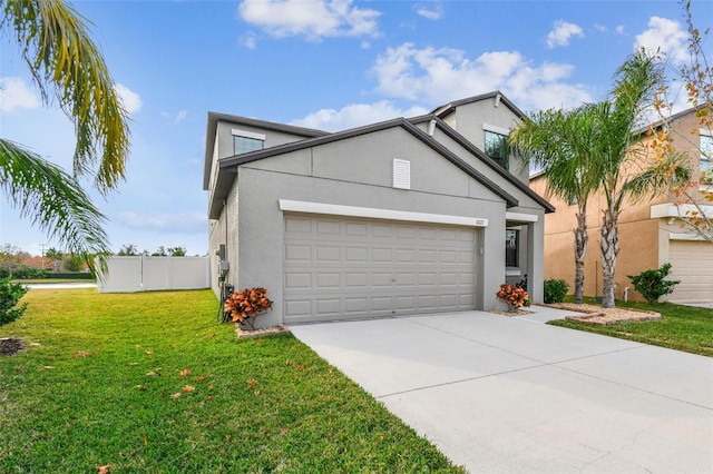 view of front of home featuring concrete driveway, fence, a front lawn, and stucco siding