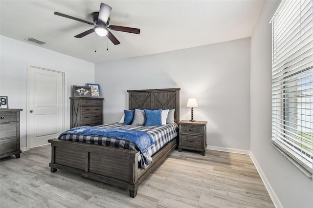 bedroom featuring ceiling fan and light hardwood / wood-style flooring