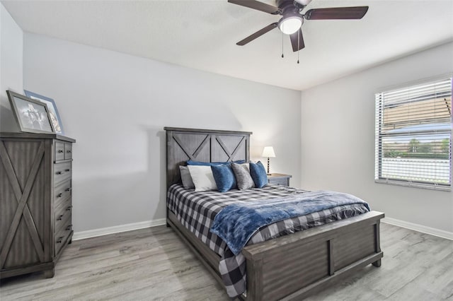 bedroom with ceiling fan and light hardwood / wood-style floors