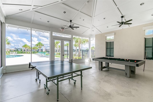 recreation room featuring french doors, ceiling fan, and billiards