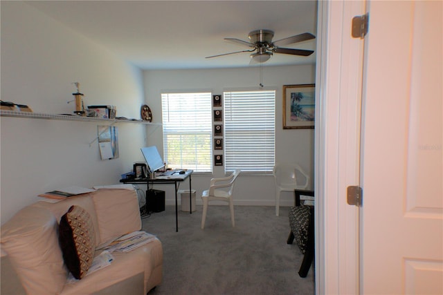 home office featuring carpet flooring and ceiling fan