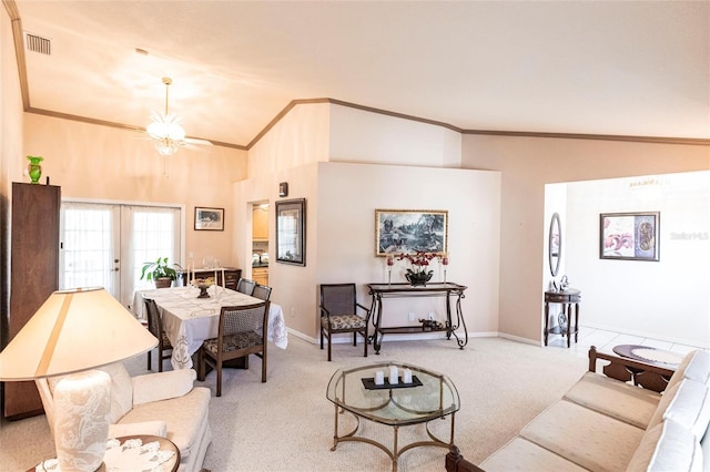 carpeted living room with crown molding, lofted ceiling, and french doors