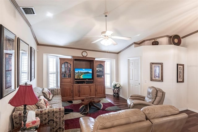 living room featuring crown molding, lofted ceiling, ceiling fan, and dark hardwood / wood-style flooring