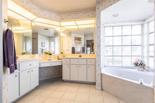 bathroom featuring vanity, tile patterned flooring, and plus walk in shower