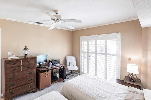 bedroom with crown molding and ceiling fan