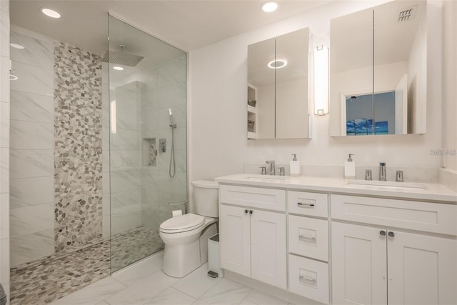 bathroom with vanity, toilet, and a tile shower