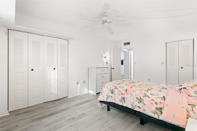 bedroom featuring ceiling fan and light hardwood / wood-style flooring