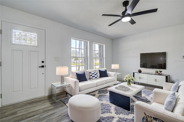 living room featuring hardwood / wood-style floors and ceiling fan