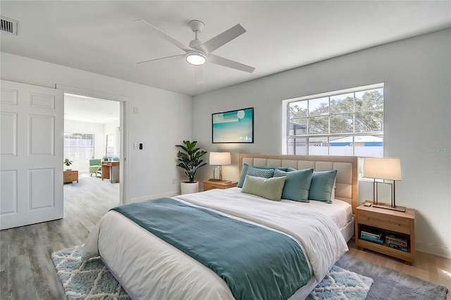 bedroom featuring ceiling fan and light hardwood / wood-style flooring