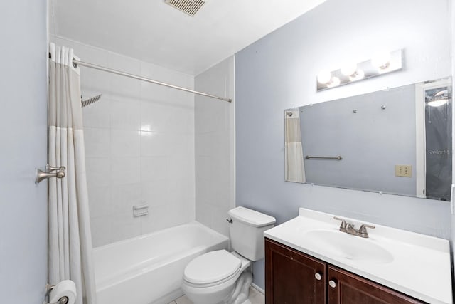 full bathroom featuring vanity, shower / tub combo, and toilet