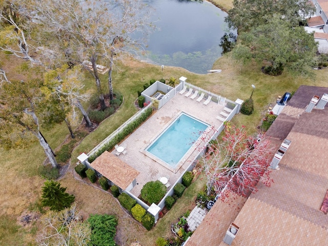 drone / aerial view with a water view