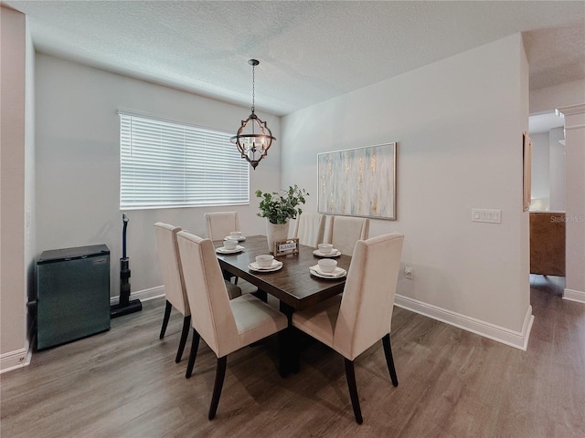 5709 Camila Song Ln, Tampa, FL 33625 - dining space featuring a textured ceiling, baseboards, a chandelier, and wood finished floors