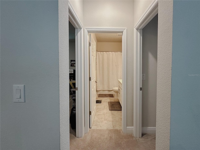 5709 Camila Song Ln, Tampa, FL 33625 - hall with carpet flooring and a textured wall